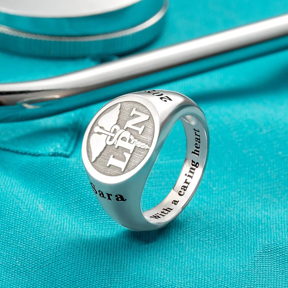 Personalised Medical Symbol RN LPN Caduceus Nurse Ring with Engraved Text Sterling Silver 925 Jewellery Graduation Gift for Nurse Doctor Medical Staff