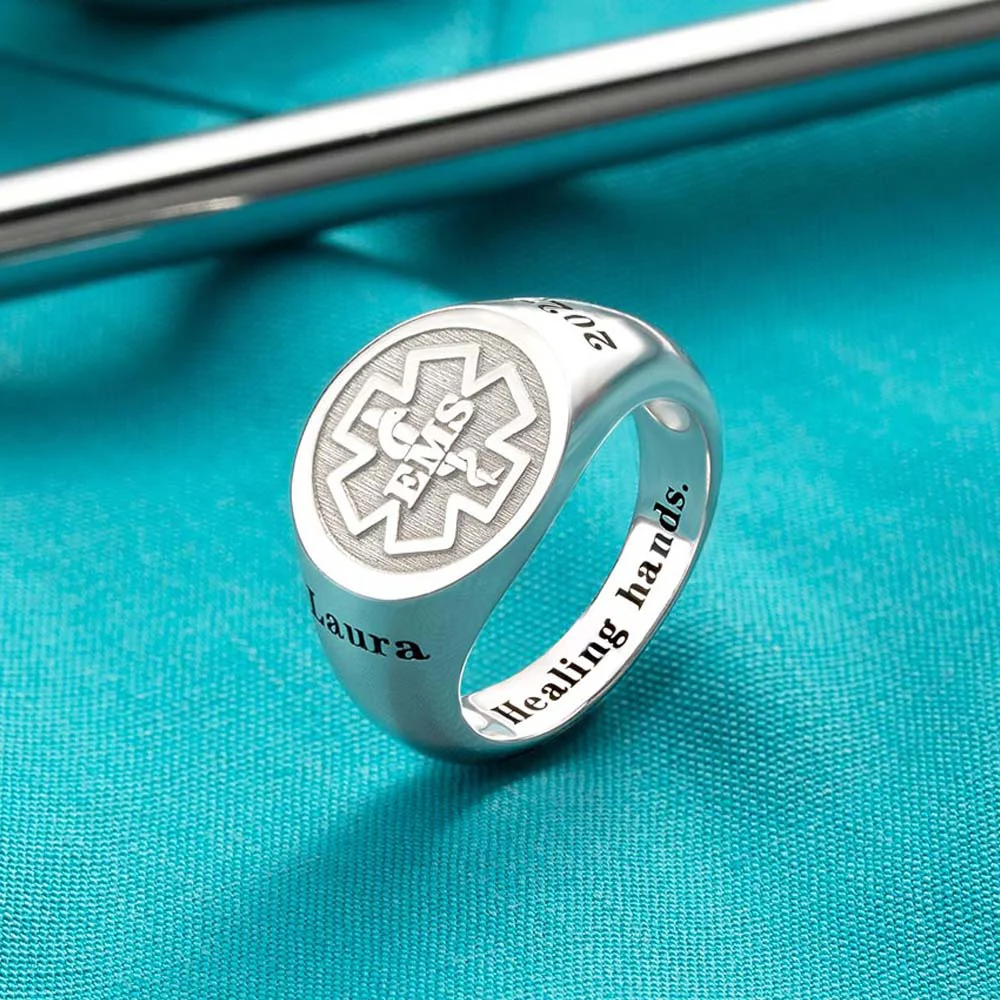Personalised Medical Symbol RN LPN Caduceus Nurse Ring with Engraved Text Sterling Silver 925 Jewellery Graduation Gift for Nurse Doctor Medical Staff