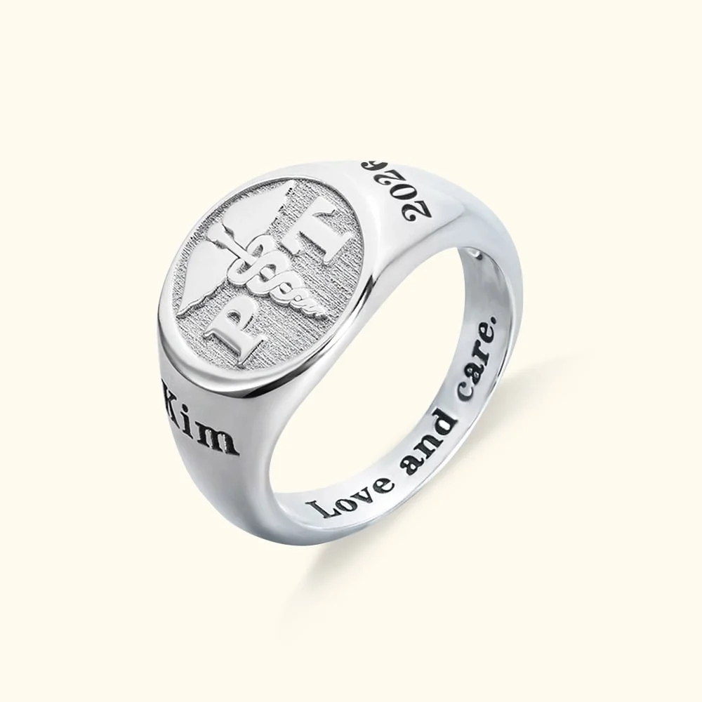 Personalised Medical Symbol RN LPN Caduceus Nurse Ring with Engraved Text Sterling Silver 925 Jewellery Graduation Gift for Nurse Doctor Medical Staff