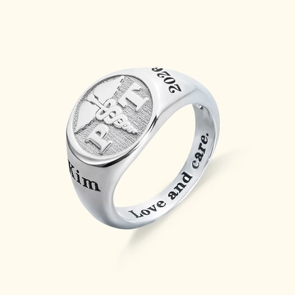 Personalised Medical Symbol RN LPN Caduceus Nurse Ring with Engraved Text Sterling Silver 925 Jewellery Graduation Gift for Nurse Doctor Medical Staff