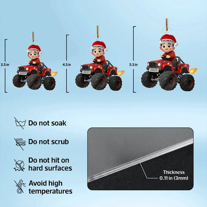 3D Effect Christmas Kid Driving Monster Truck - Personalized Acrylic Ornament - Gift For Kids, Grandkids